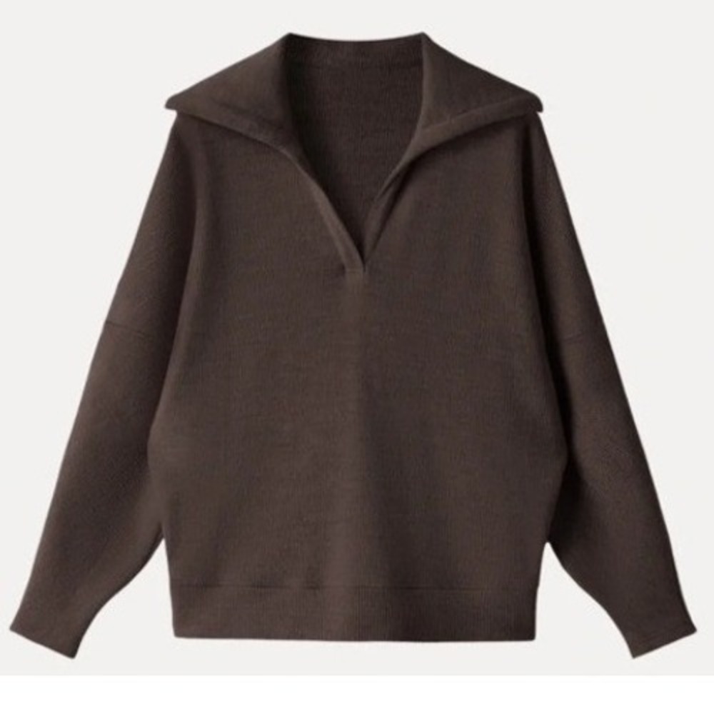 OGL Move Brown Ribbed Knit Wool Blend V-Neck Sweater Collar Drop Shoulder M NEW